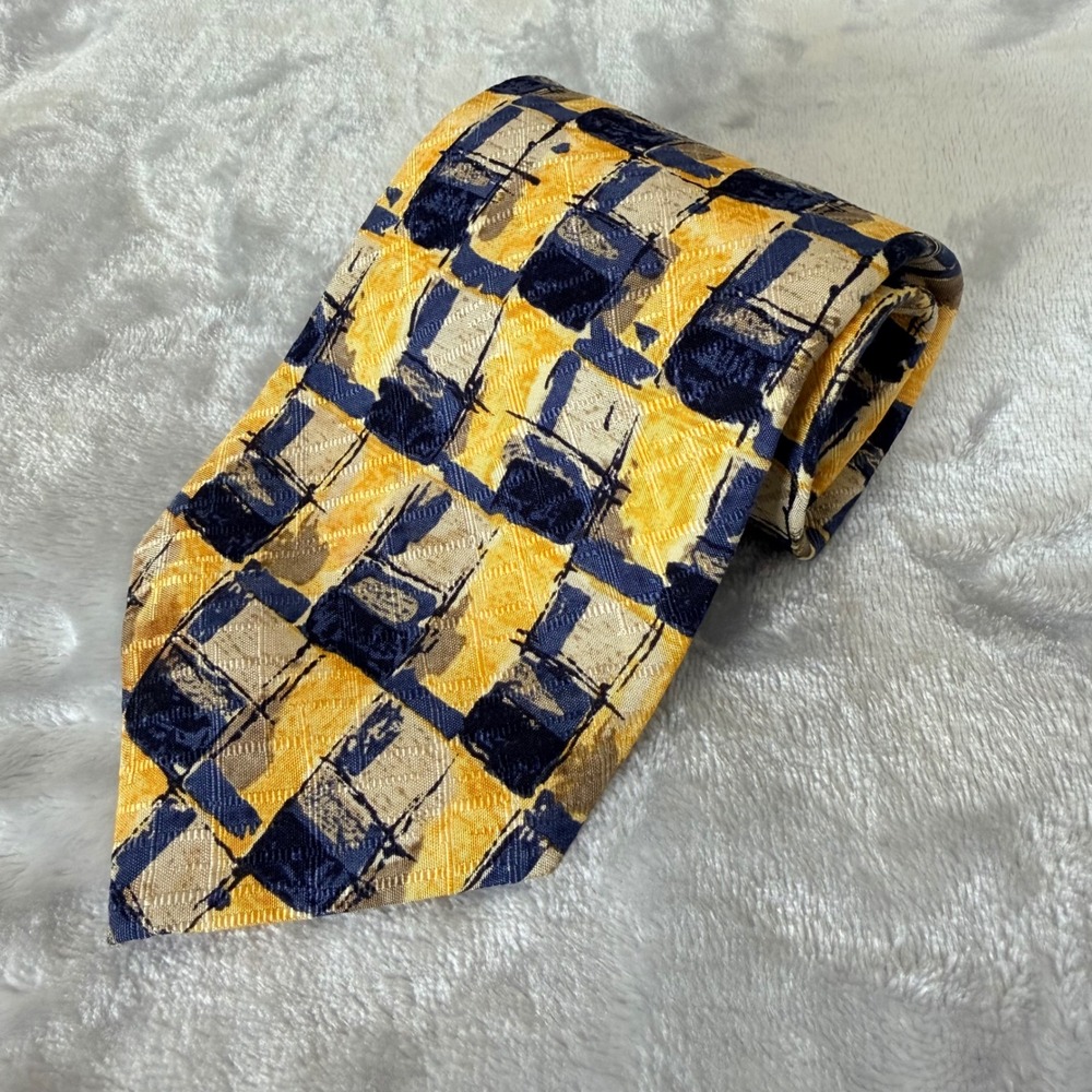 Ferrell Reed for M. Kesten Silk Tie Yellow Navy Blue Geometric Abstract Italy